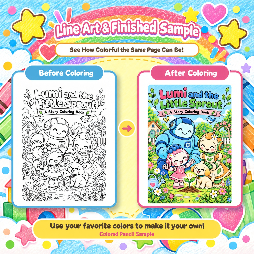 english edition “Lumi and the Little Sprout” Story Coloring Book – 24 Printable Pages, PDF Download, Ages 4–8