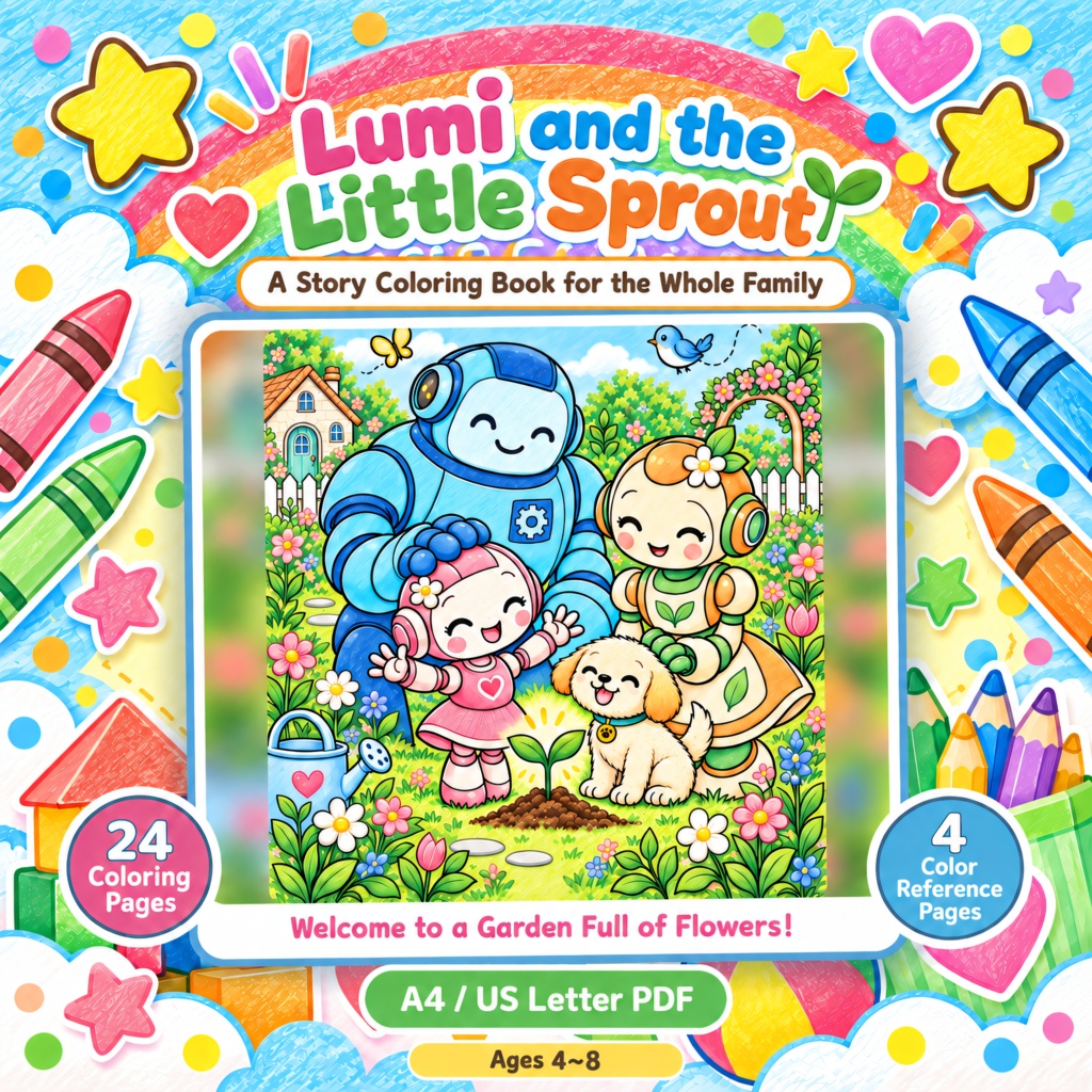 english edition “Lumi and the Little Sprout” Story Coloring Book – 24 Printable Pages, PDF Download, Ages 4–8