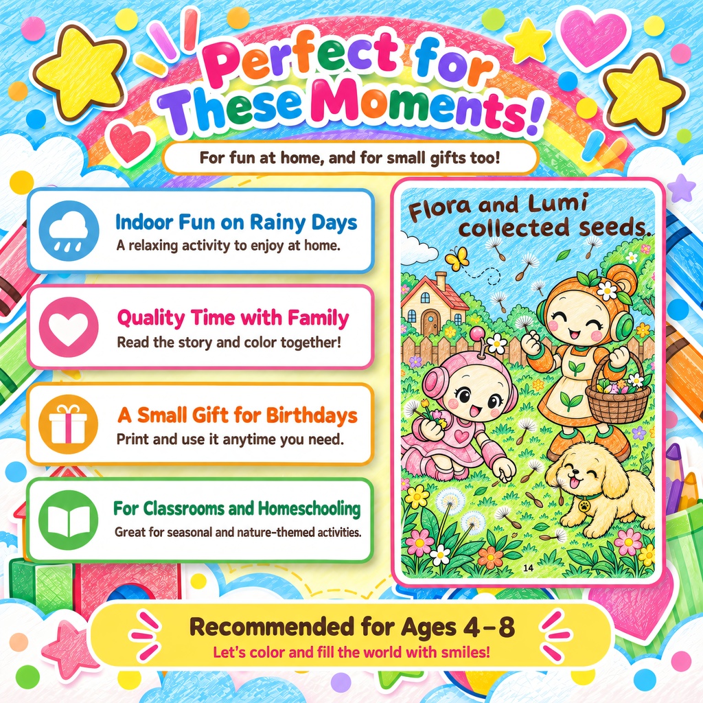 english edition “Lumi and the Little Sprout” Story Coloring Book – 24 Printable Pages, PDF Download, Ages 4–8