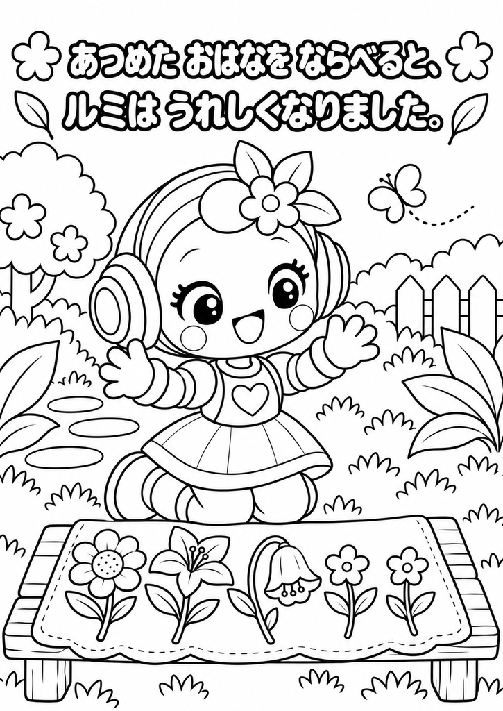 [ルミのはじめてのはなたば」 ストーリーぬりえ24枚 色見本4枚 印刷用PDFデータ A4 300dpi