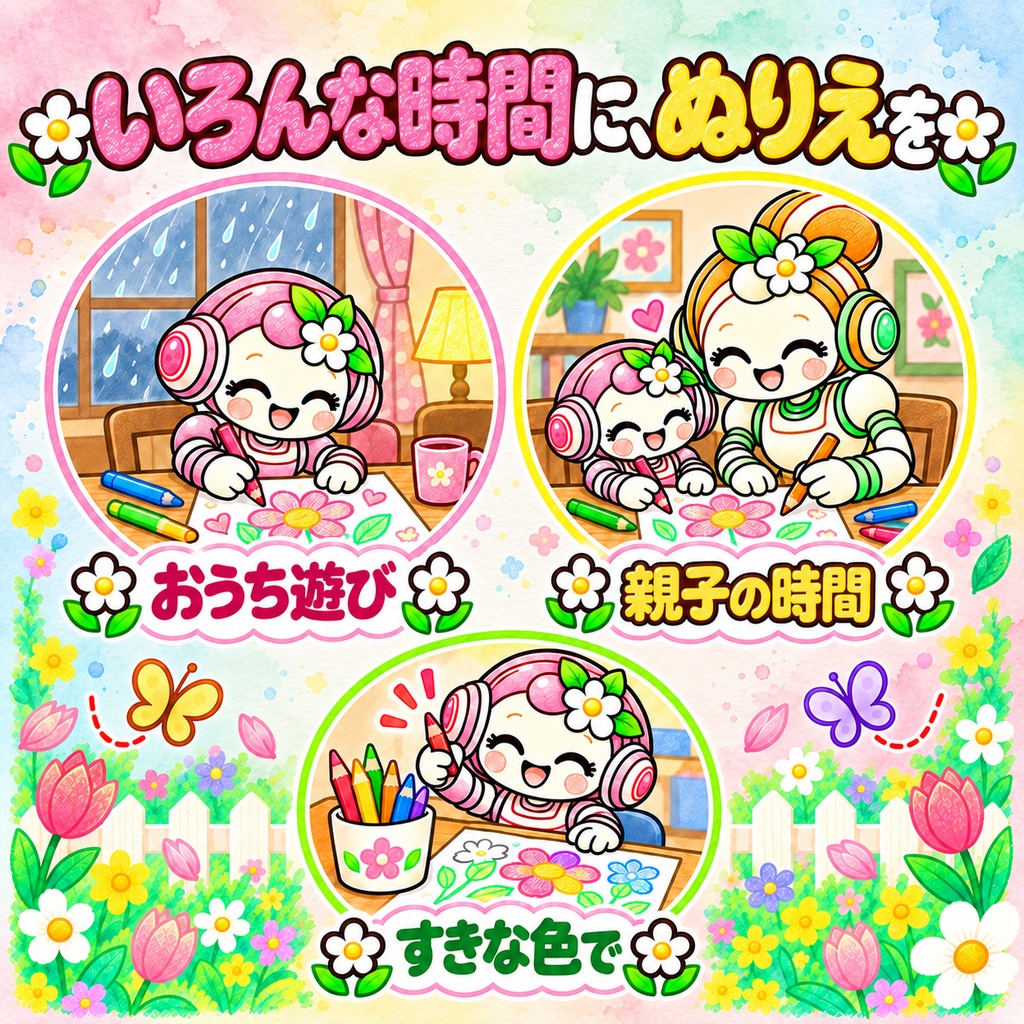 [ルミのはじめてのはなたば」 ストーリーぬりえ24枚 色見本4枚 印刷用PDFデータ A4 300dpi