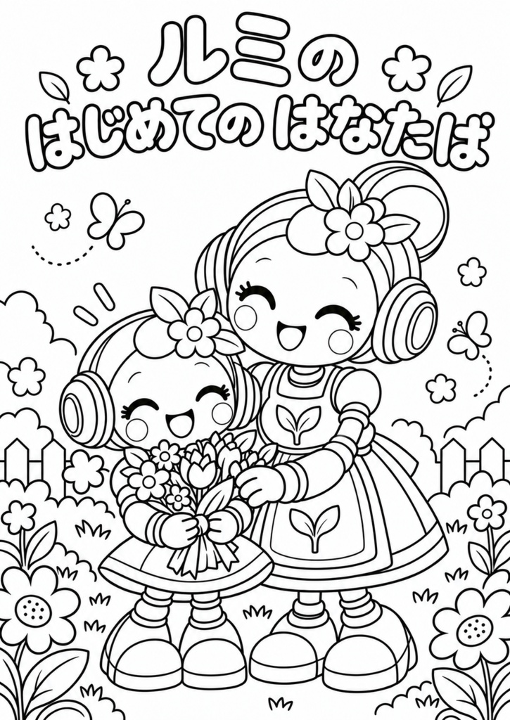 [ルミのはじめてのはなたば」 ストーリーぬりえ24枚 色見本4枚 印刷用PDFデータ A4 300dpi