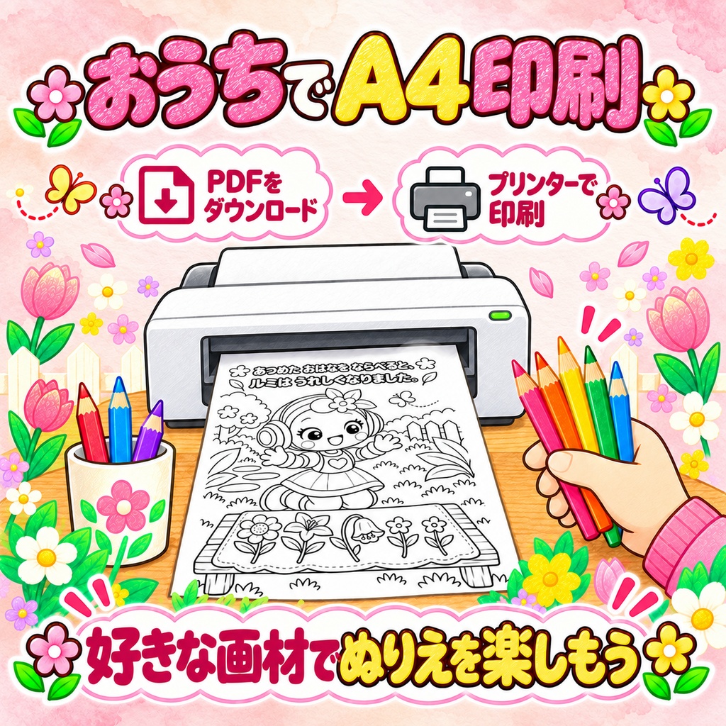 [ルミのはじめてのはなたば」 ストーリーぬりえ24枚 色見本4枚 印刷用PDFデータ A4 300dpi