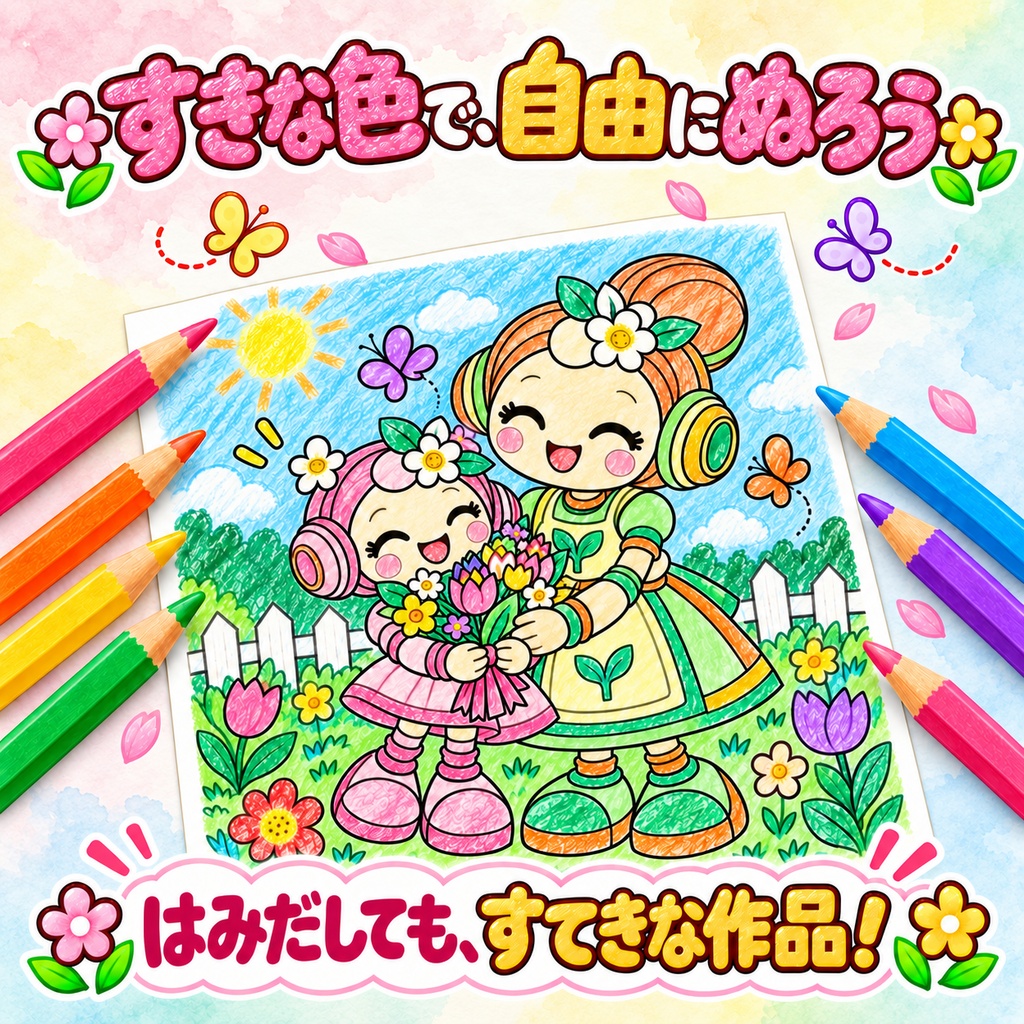 [ルミのはじめてのはなたば」 ストーリーぬりえ24枚 色見本4枚 印刷用PDFデータ A4 300dpi