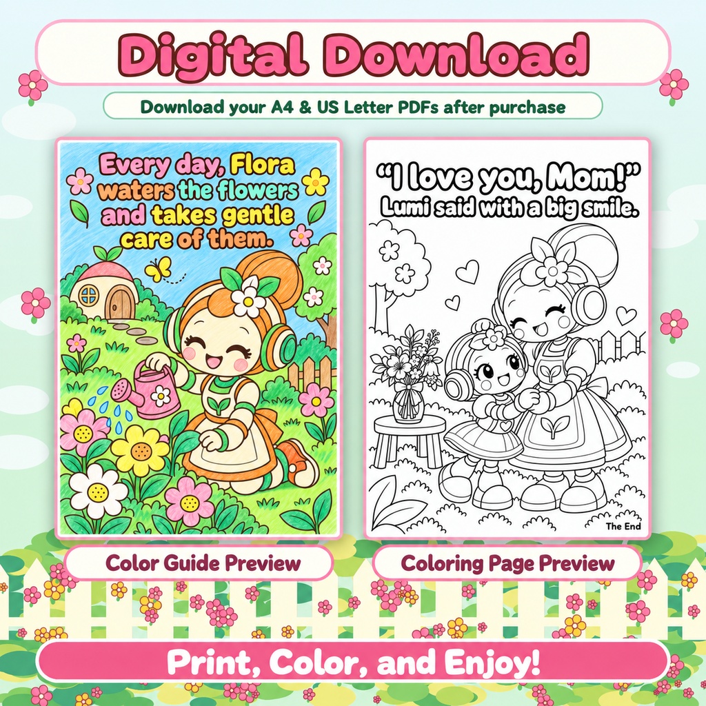 English edition Lumi’s First Bouquet | 24-Page Story Coloring Book + 4 Coloring Inspiration Pages Printable PDF / Kids Coloring Pages