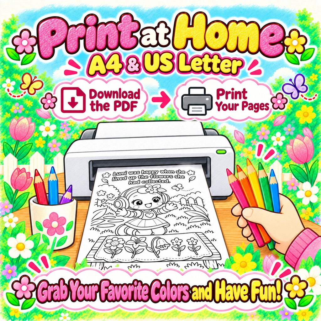 English edition Lumi’s First Bouquet | 24-Page Story Coloring Book + 4 Coloring Inspiration Pages Printable PDF / Kids Coloring Pages