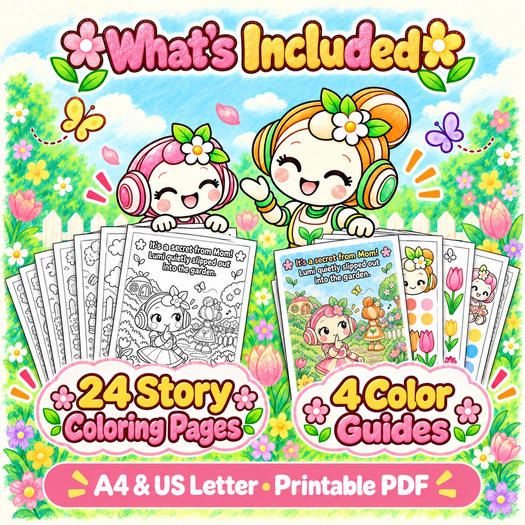 English edition Lumi’s First Bouquet | 24-Page Story Coloring Book + 4 Coloring Inspiration Pages Printable PDF / Kids Coloring Pages