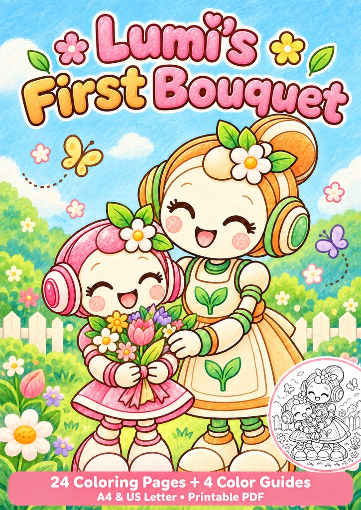 English edition Lumi’s First Bouquet | 24-Page Story Coloring Book + 4 Coloring Inspiration Pages  Printable PDF / Kids Coloring Pages