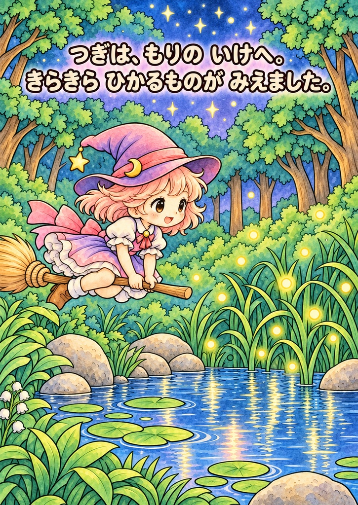 ミーナとなくしたおつきさま ストーリーぬりえ20枚 色見本5枚 印刷用PDFデータ A4 300dpi