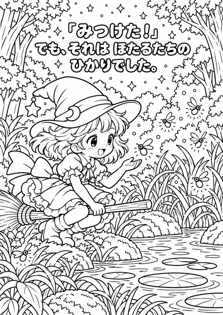 ミーナとなくしたおつきさま ストーリーぬりえ20枚 色見本5枚 印刷用PDFデータ A4 300dpi