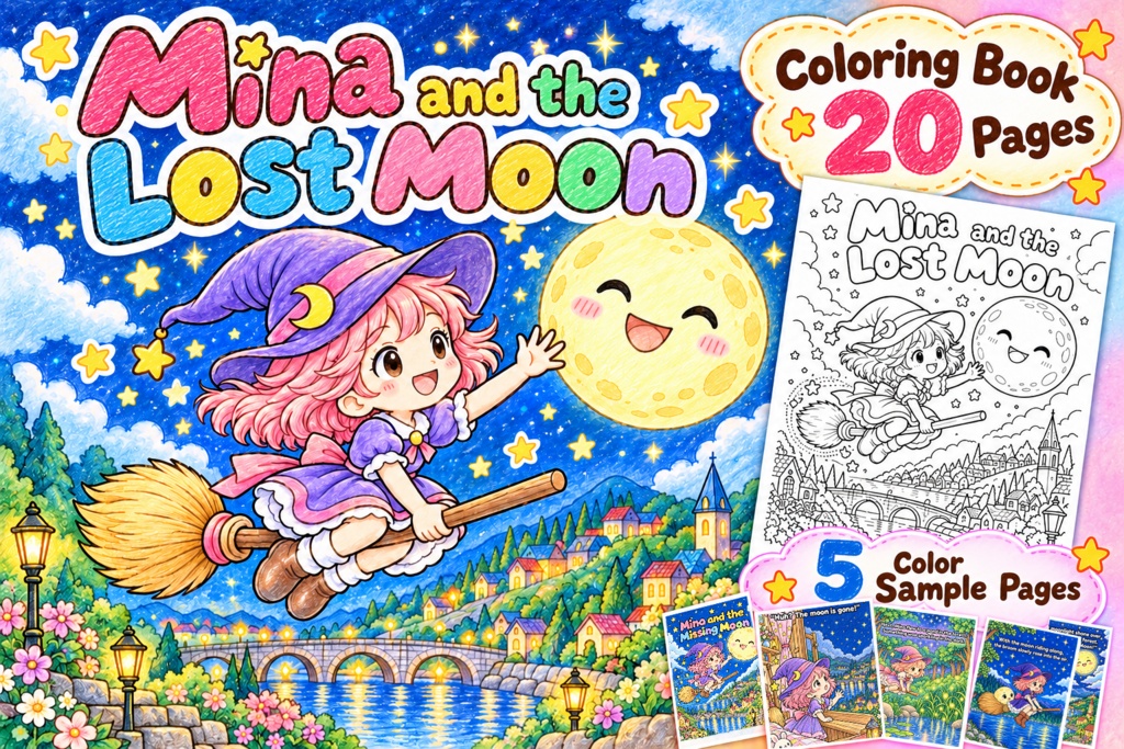 Mina and the Missing Moon | Story Coloring Book for Kids | A4 & US Letter Printable PDF