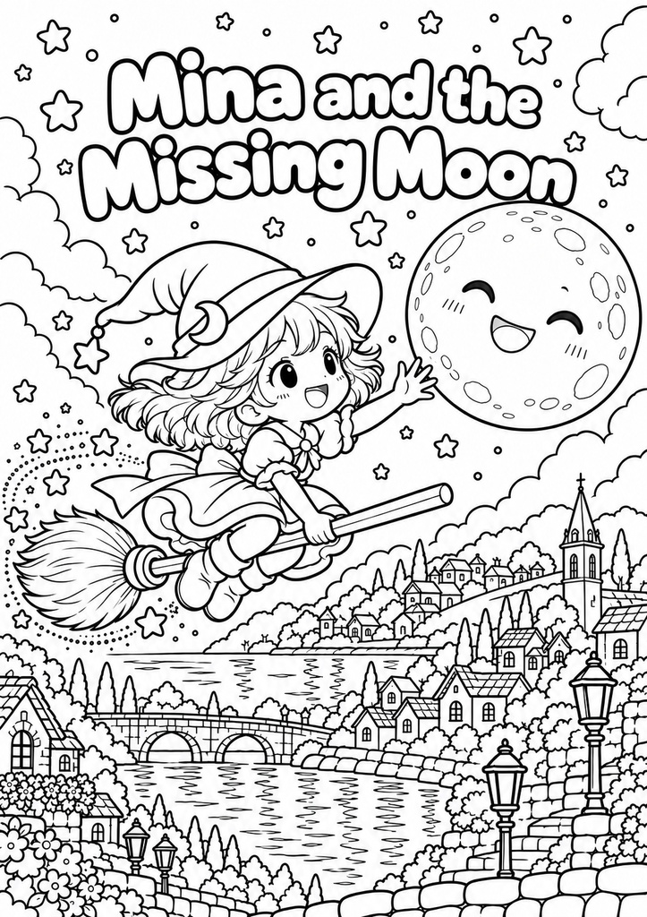 Mina and the Missing Moon | Story Coloring Book for Kids | A4 & US Letter Printable PDF