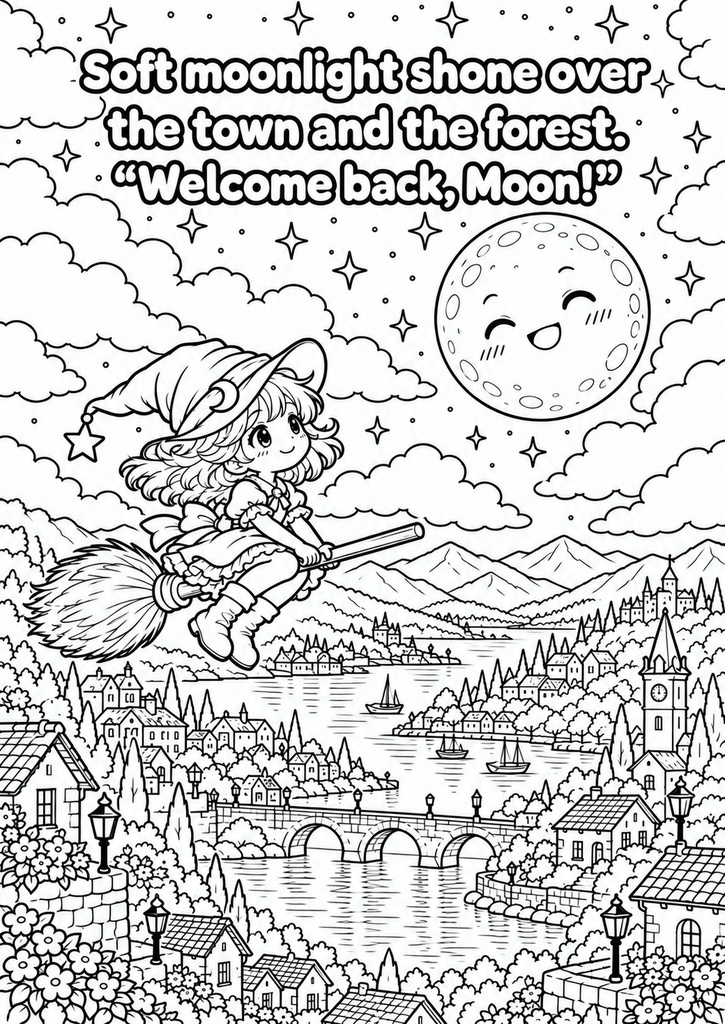 Mina and the Missing Moon | Story Coloring Book for Kids | A4 & US Letter Printable PDF