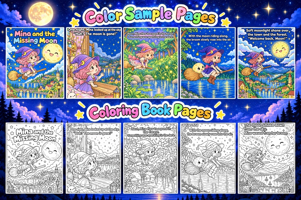 Mina and the Missing Moon | Story Coloring Book for Kids | A4 & US Letter Printable PDF