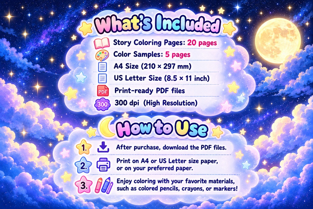 Mina and the Missing Moon | Story Coloring Book for Kids | A4 & US Letter Printable PDF