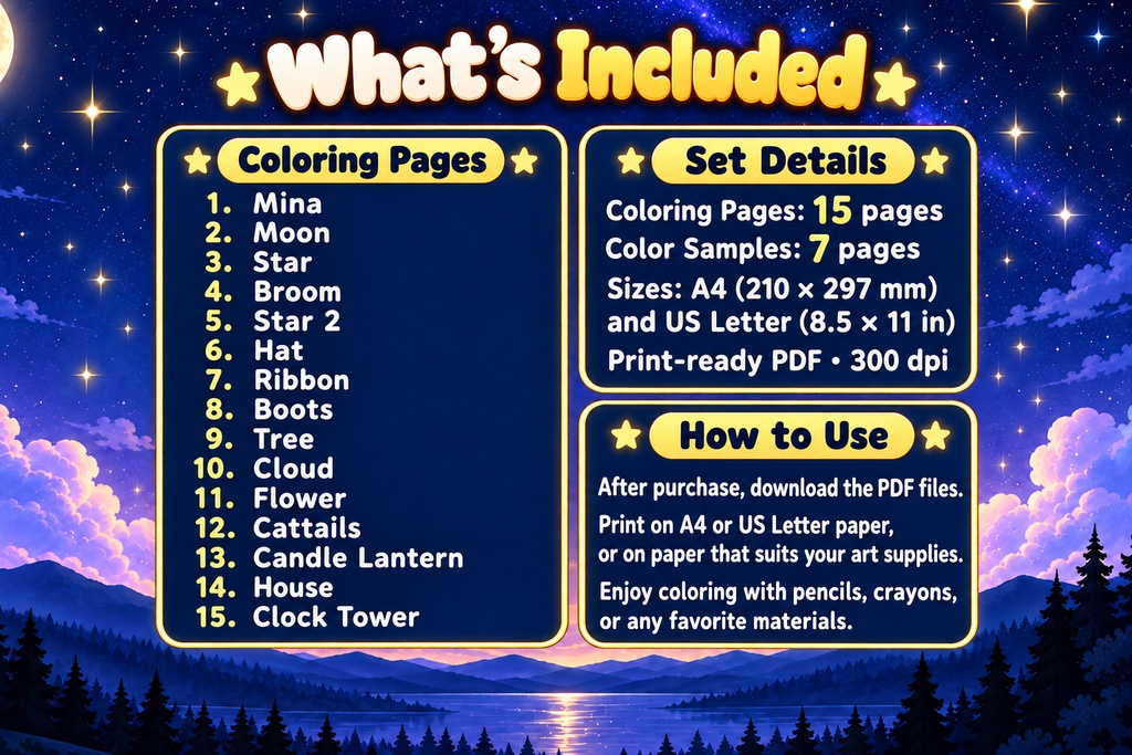 Mina and the Lost Moon | Printable Coloring Set for Kids