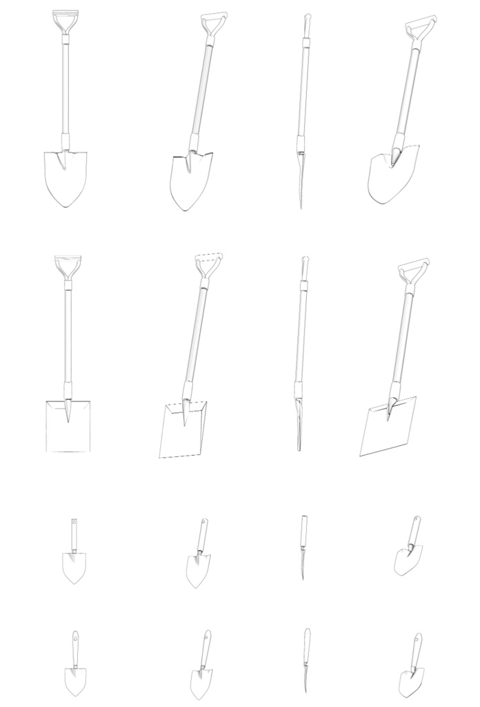 スコップ4種類 3カラー【クリスタ用素材・LT変換用】【fbx】