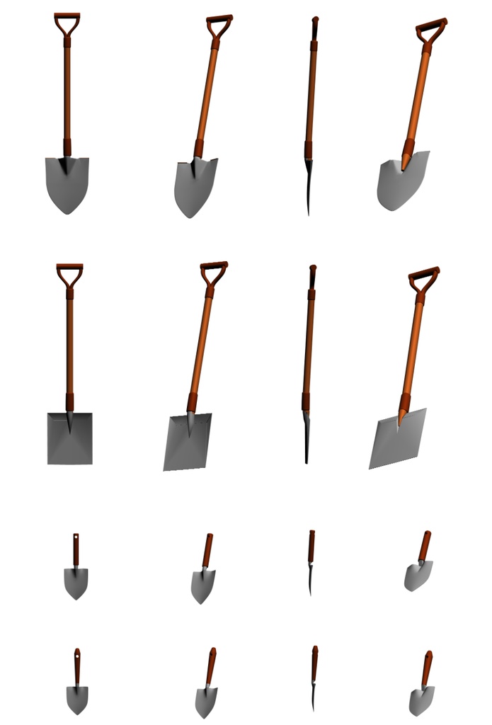 スコップ4種類 3カラー【クリスタ用素材・LT変換用】【fbx】