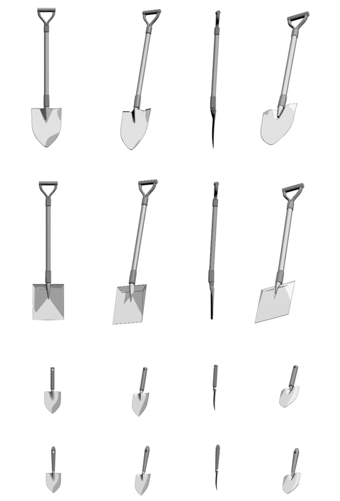 スコップ4種類 3カラー【クリスタ用素材・LT変換用】【fbx】
