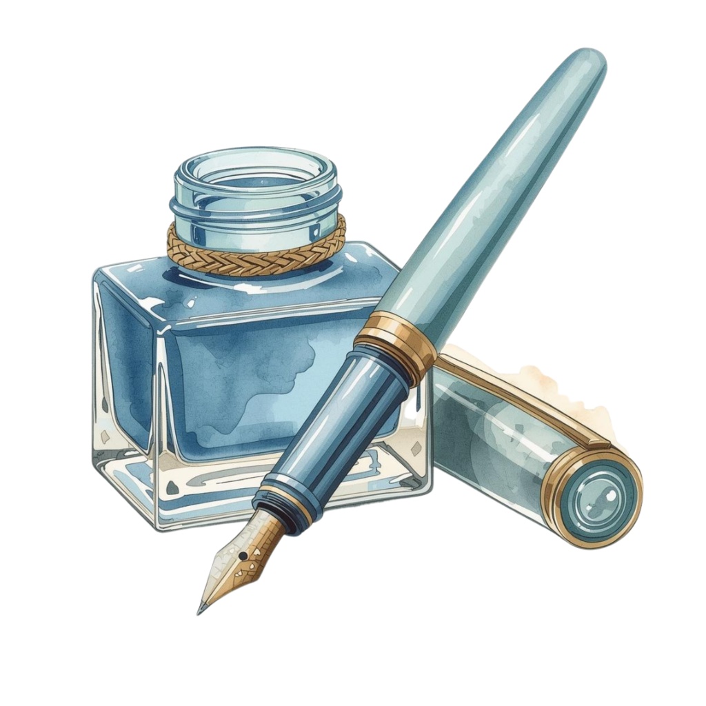 水彩画風・水色アンティーク文房具クリップアートセット(PNG形式)