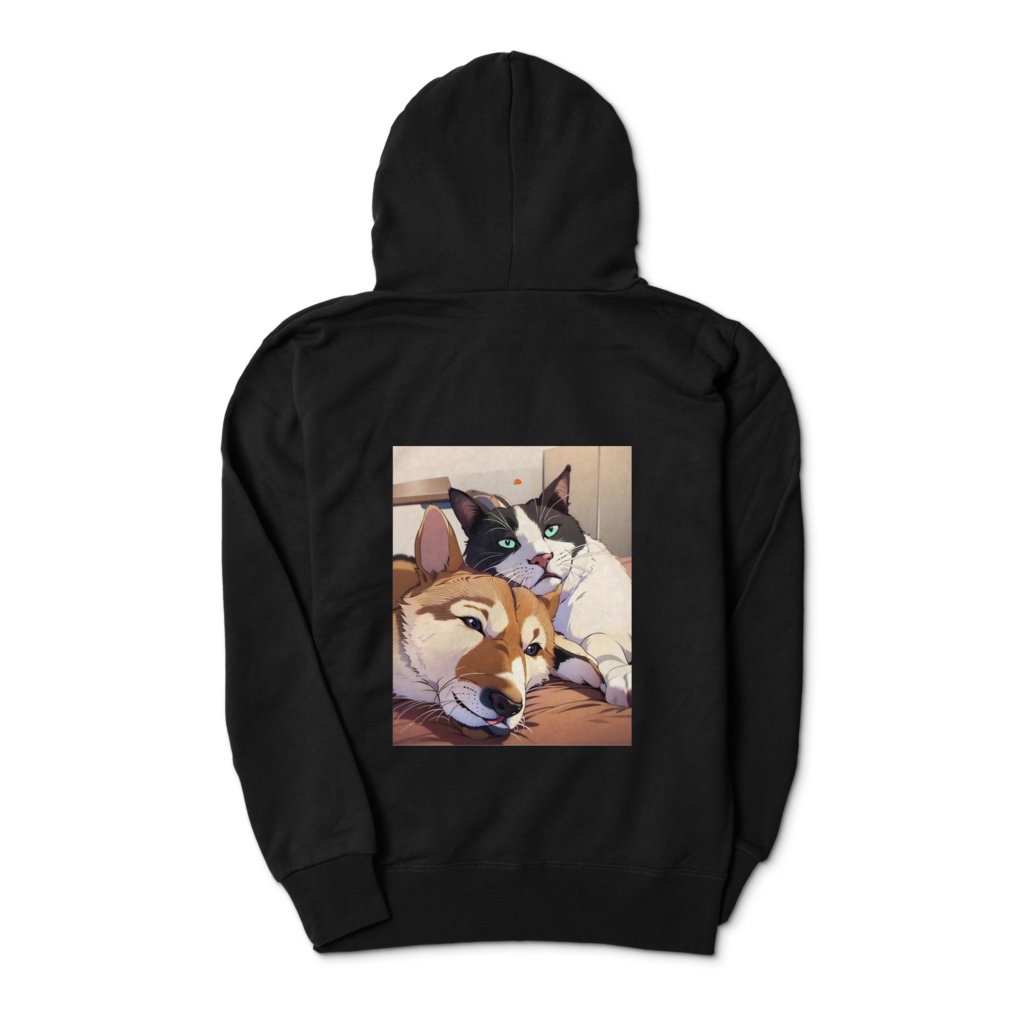 犬と猫が、仲良くくつろいでいるパーカー