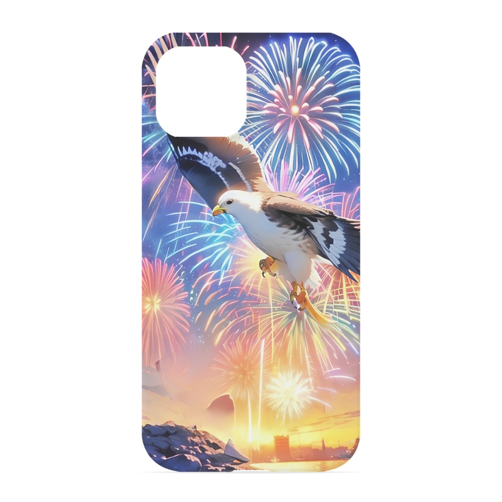 花火があがっている中で空を飛んでいる鷹