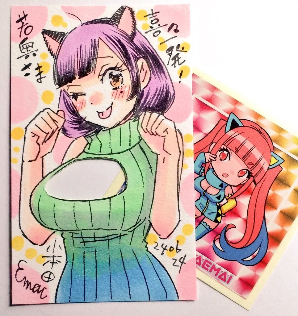 ぷっくり名刺アナログ原画１点ネコミミ小鳥ちゃん