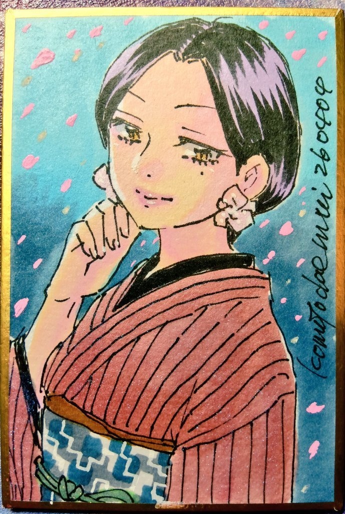 豆色紙60×90ｍｍアナログ手描き1点物原画　小鳥のママ桜