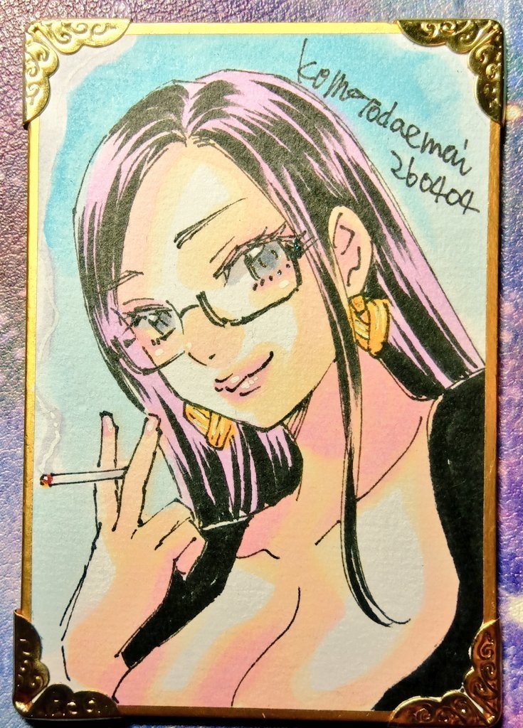 豆色紙60×90ｍｍアナログ手描き1点物原画　眼鏡のおねえさん