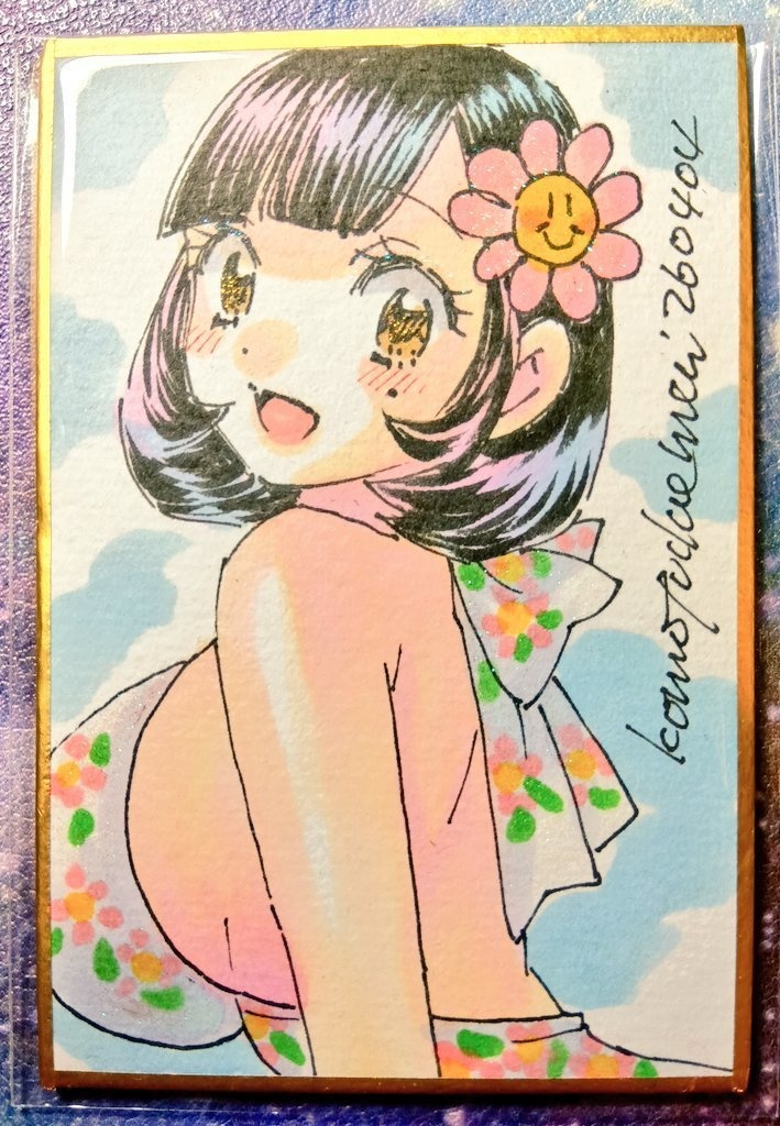 豆色紙60×90ｍｍアナログ手描き1点物原画　キラキラ水着の小鳥