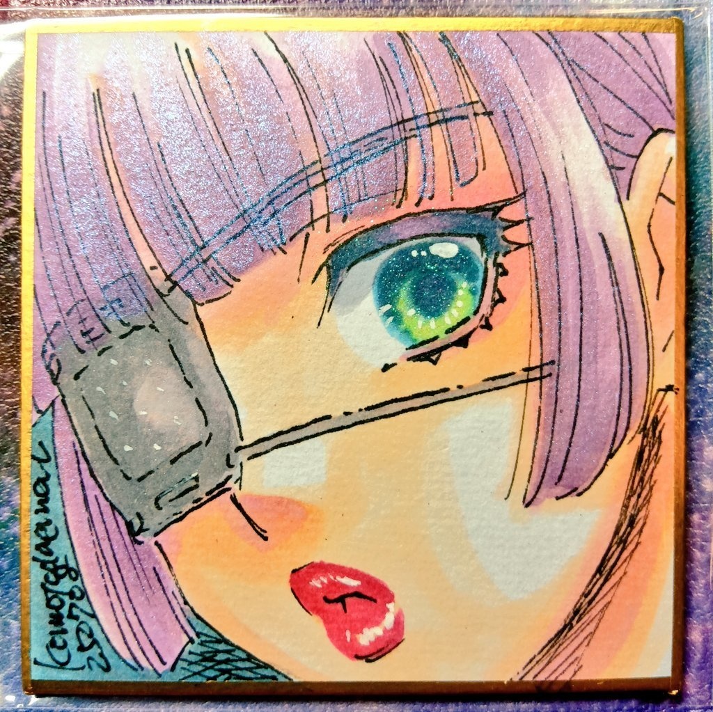 豆色紙75ｍｍ四方　アナログ手描き1点物原画　目ヂカラ眼帯女子