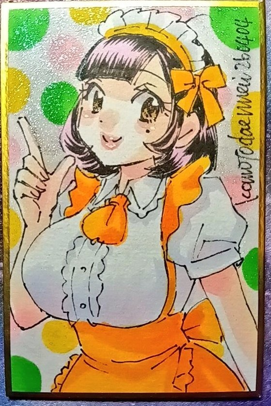 豆色紙90×60ｍｍアナログ手描き1点物原画　メイドの小鳥