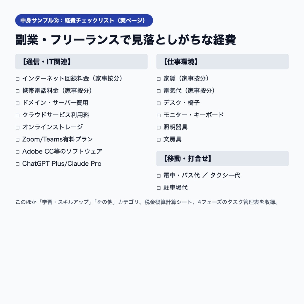 副業の経費管理をChatGPTで自動化|経費仕分け・記帳・家事按分プロンプト20種+チェックリスト+税金計算テンプレ|確定申告対応