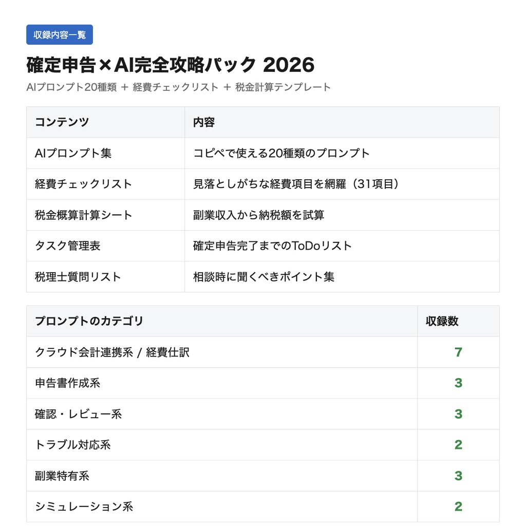 副業の経費管理をChatGPTで自動化|経費仕分け・記帳・家事按分プロンプト20種+チェックリスト+税金計算テンプレ|確定申告対応