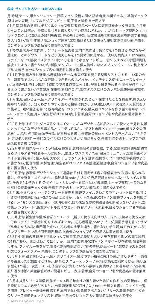 クリエイター向け季節投稿カレンダーCSV - 12か月の企画メモ用データ