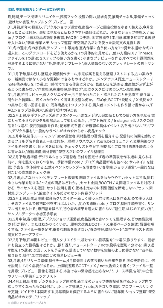 クリエイター向け季節投稿カレンダーCSV - 12か月の企画メモ用データ