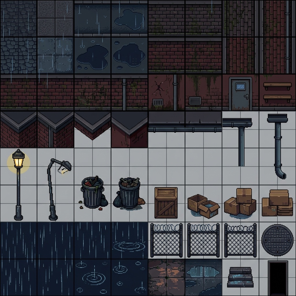 【RPGマップチップ・タイルセット】雨の路地裏ミニパック
