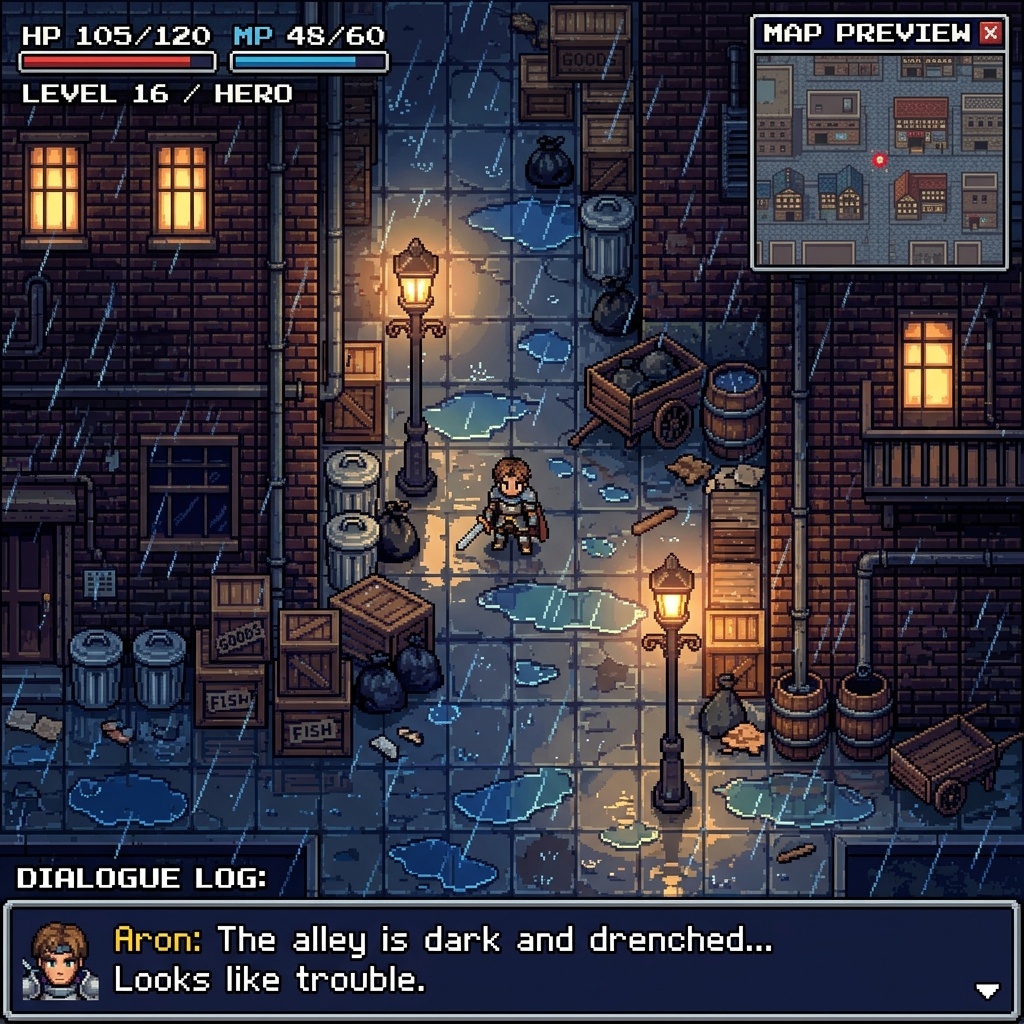 【RPGマップチップ・タイルセット】雨の路地裏ミニパック
