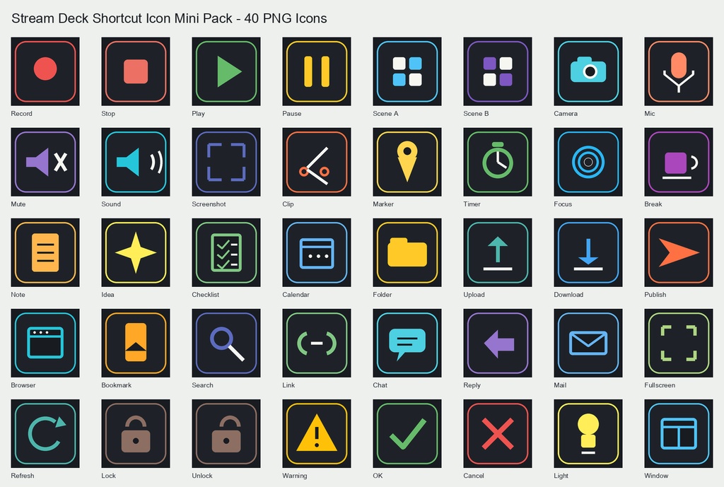 Stream Deck ショートカットアイコン 40点｜144x144 透過PNG｜配信・録画・編集・作業プロファイル用