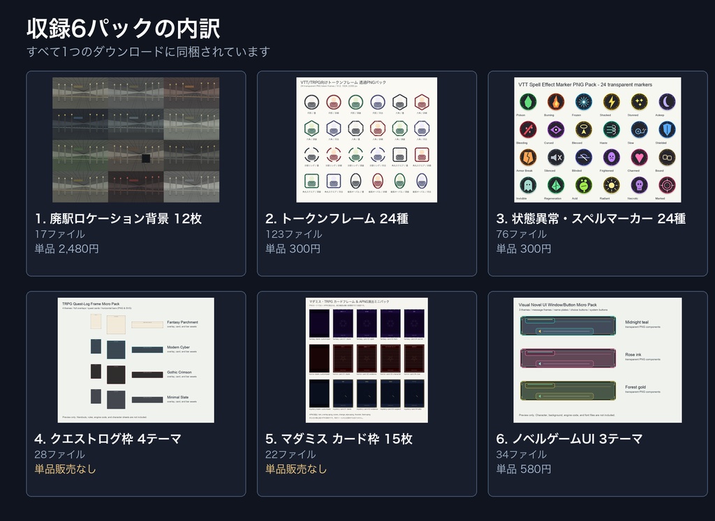 TRPG・マダミス卓画面 まるごとセット 6パック合本|背景12枚+トークン枠+状態異常アイコン24種+クエストログ枠+カード枠+ノベルUI素材