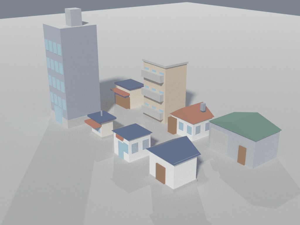 ローポリ 街並み建物パック 8種|商店・アパート・倉庫・蔵ほか(glTF / FBX / .blend・テクスチャなし)