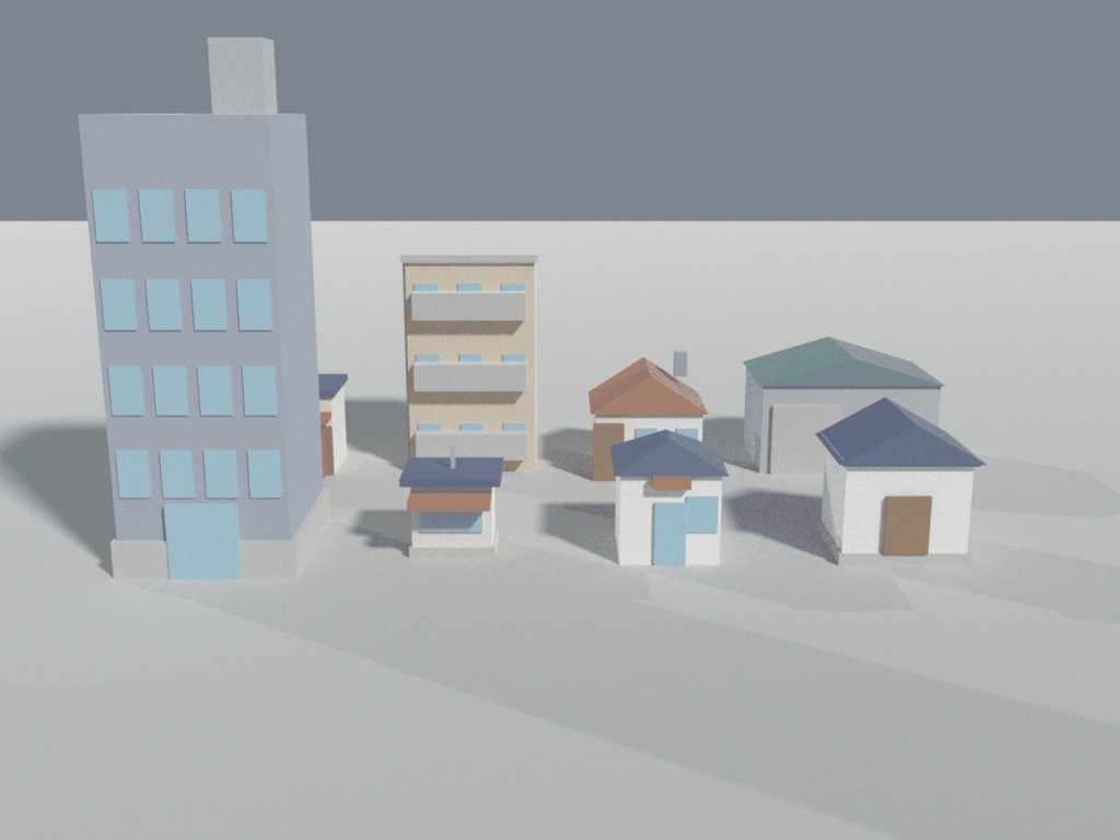 ローポリ 街並み建物パック 8種|商店・アパート・倉庫・蔵ほか(glTF / FBX / .blend・テクスチャなし)