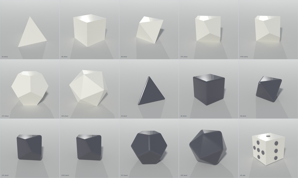 TRPG ダイス 3Dモデル 15点|d4・d6・d8・d10・d12・d20+d100(面取り2種・glTF / FBX / .blend・刻印なし)