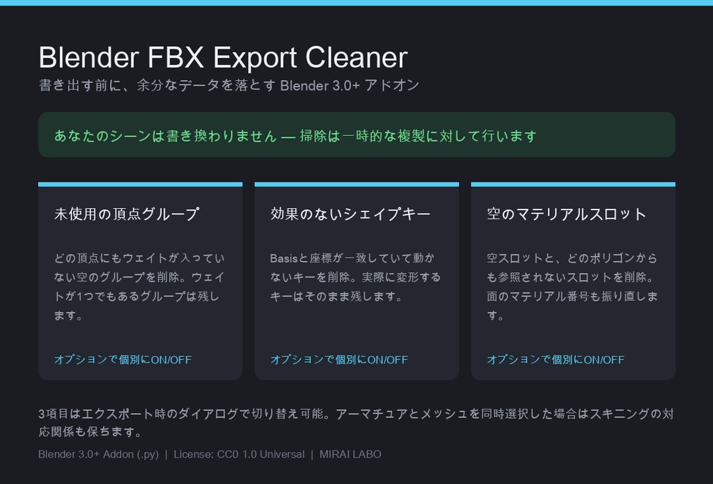 【Blenderアドオン】FBX Export Cleaner｜未使用の頂点グループ・シェイプキー・マテリアルスロットを掃除してからFBX出力（非破壊・Blender3.0+・CC0）