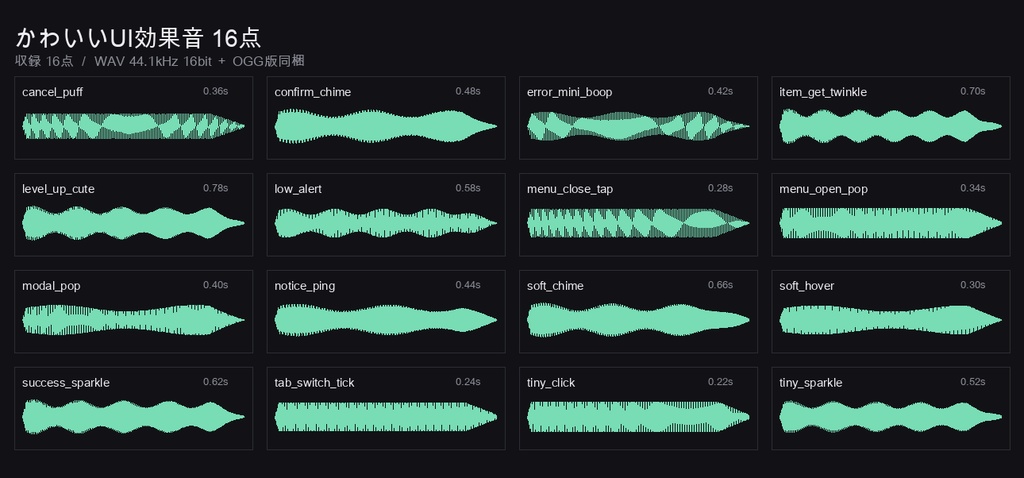 かわいいUI効果音パック 16点＋試聴ミックス｜ボタン・メニュー・通知｜WAV