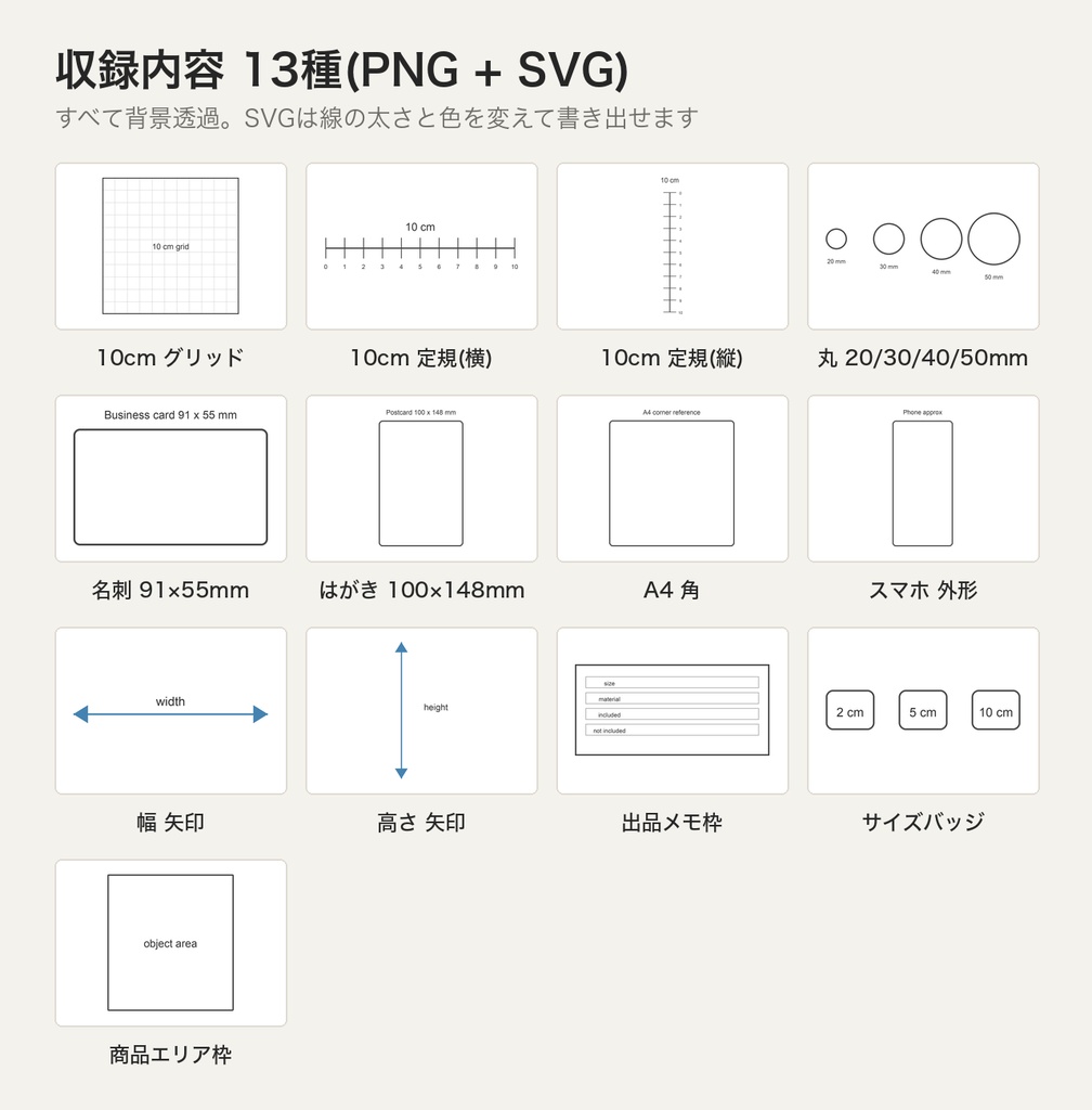 商品写真 サイズ目安オーバーレイ 13種|透過PNG+SVG 26ファイル|10cm定規・グリッド・名刺/はがき/A4/スマホ外形