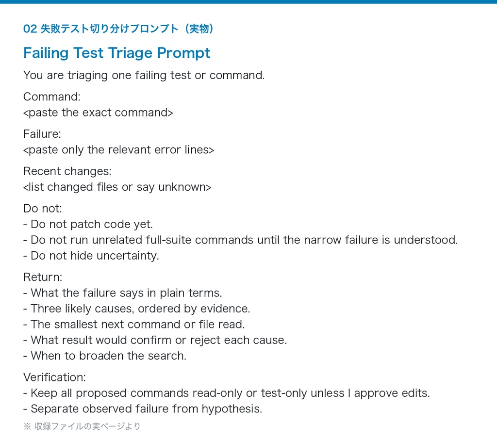 AIコーディング依頼プロンプト集 5種|リポジトリ調査・失敗テスト切り分け・バグ再現・コードレビュー・引き継ぎ(Markdown/CSV・ChatGPT/生成AI対応)