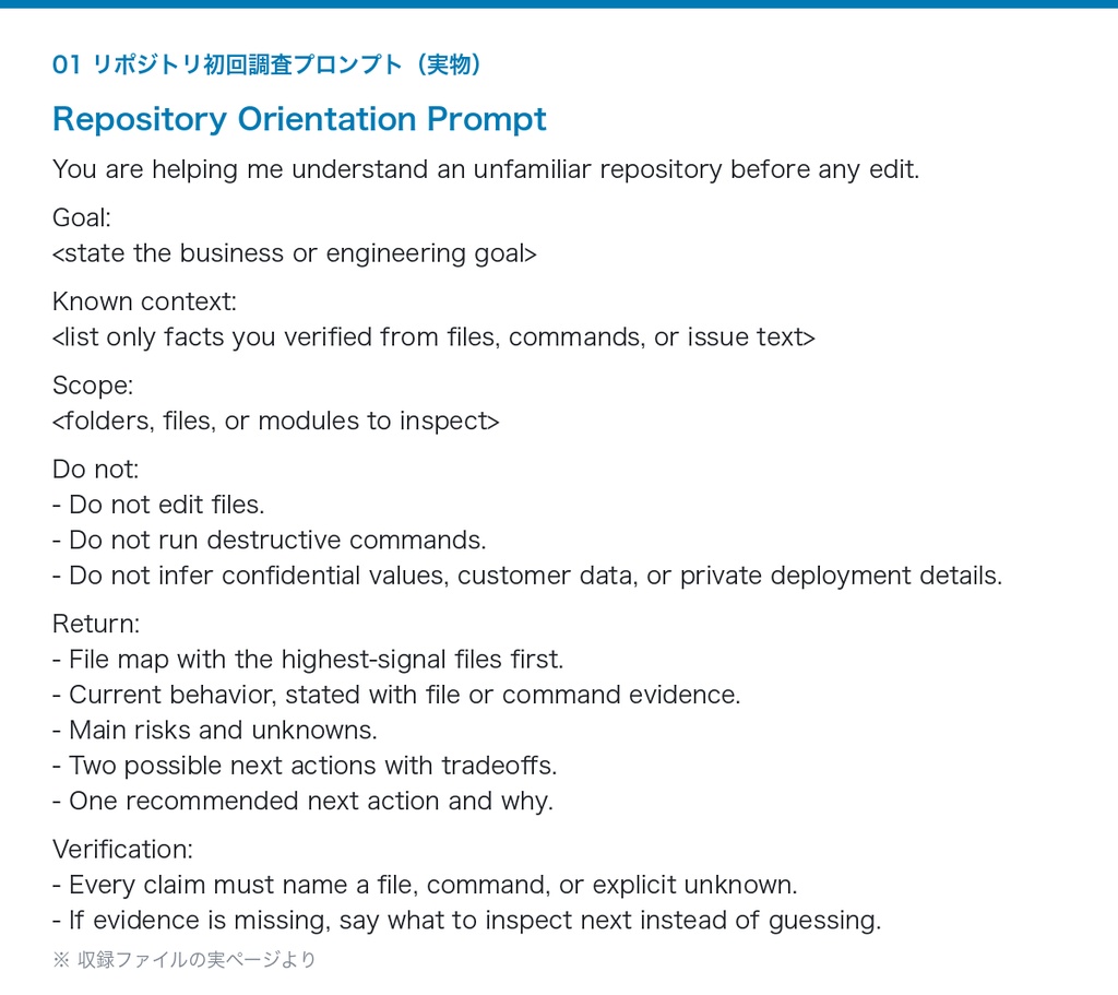 AIコーディング依頼プロンプト集 5種|リポジトリ調査・失敗テスト切り分け・バグ再現・コードレビュー・引き継ぎ(Markdown/CSV・ChatGPT/生成AI対応)