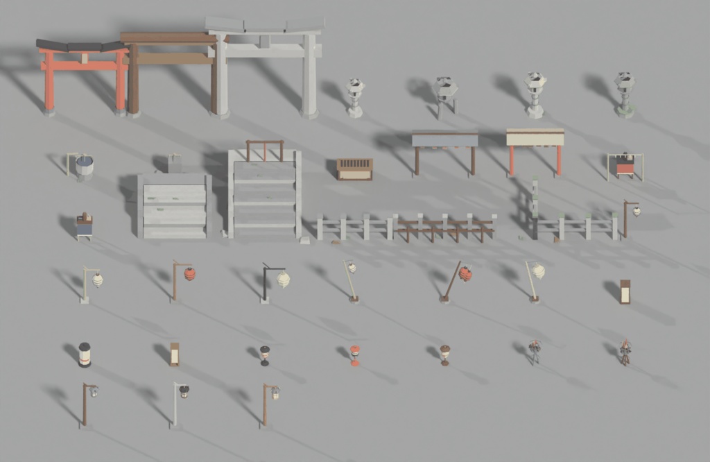 ローポリ 和風小物 大量パック 104点|鳥居・石灯籠・提灯・竹垣・障子・瓦屋根・酒樽(glTF / FBX / .blend・テクスチャなし・商用可)