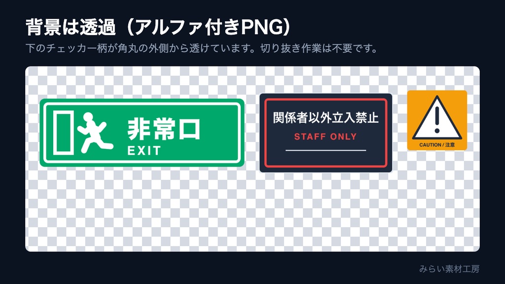 【VRChat/ワールド制作】非常口・注意 標識テクスチャパック 日英バイリンガル(SVG/PNG)|イベント会場の誘導表示・商用可